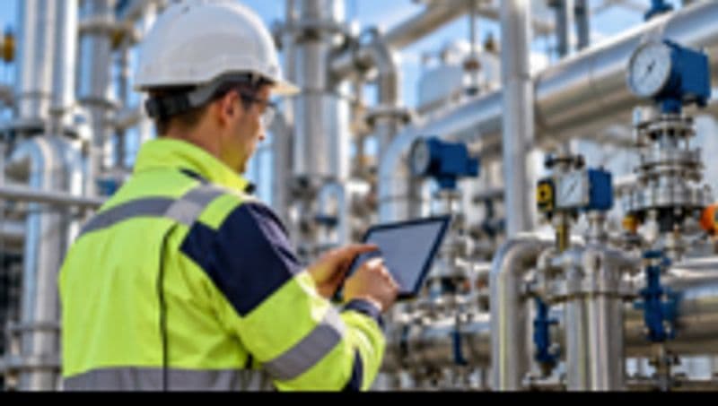 Industrial engineer wearing protective helmet inspecting automated energy plant with digital tablet