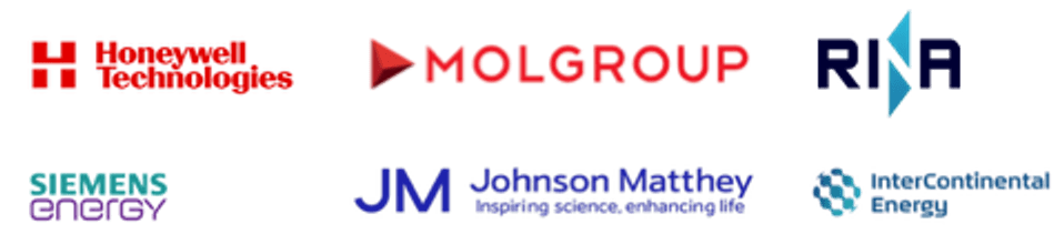 Client logos: Honeywell Technologies, MOL Group, RINA, Siemens Energy, Johnson Matthey, InterContinental Energy