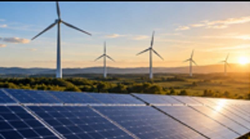 Wind turbines and solar photovoltaic panels at sunset